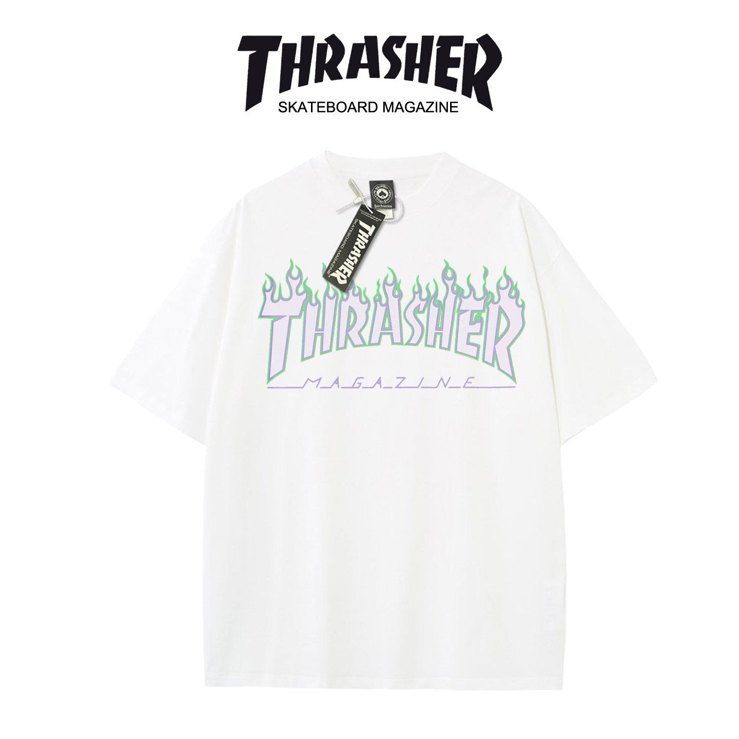 Thrasher Flaming Logo Black Loose Fit Short Sleeve T-Shirt | Iconic Skate Streetwear.