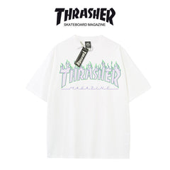 Thrasher Flaming Logo Black Loose Fit Short Sleeve T-Shirt | Iconic Skate Streetwear.