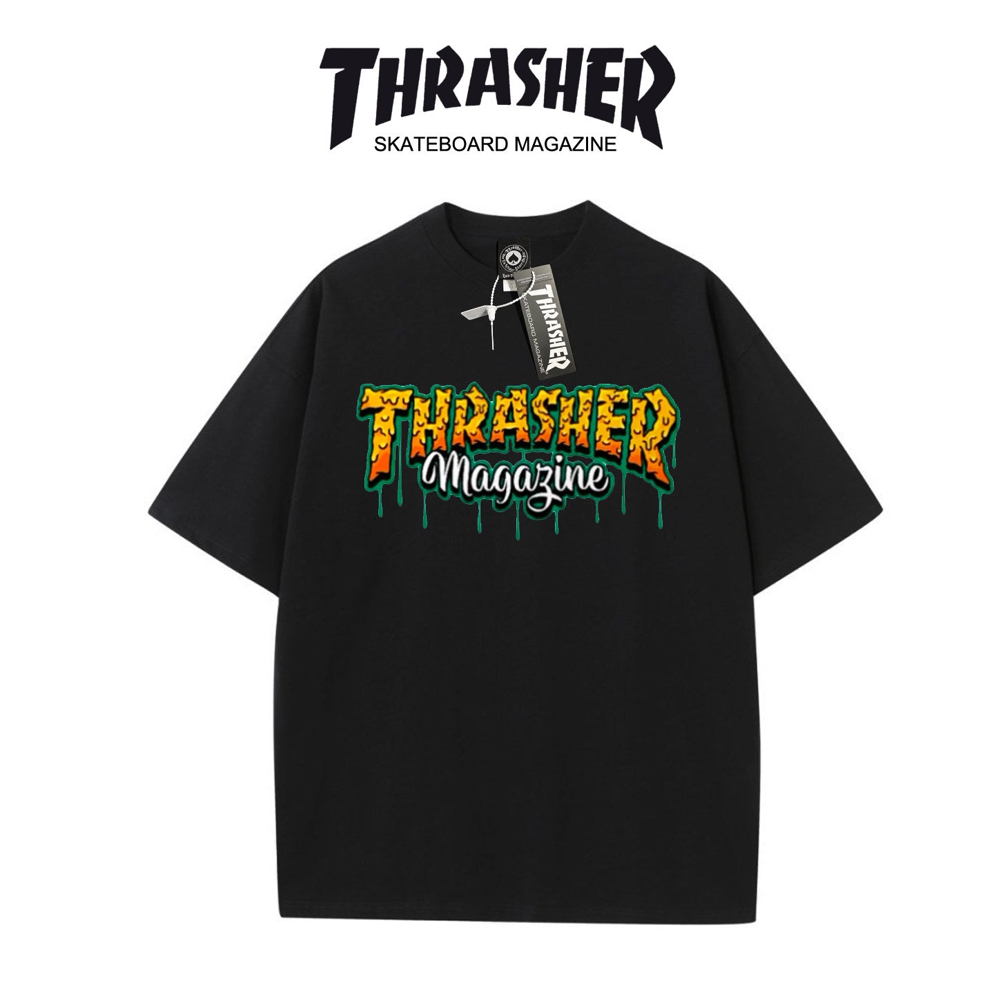 Thrasher Dripping Graffiti Flame Oversized Cotton T-Shirt.