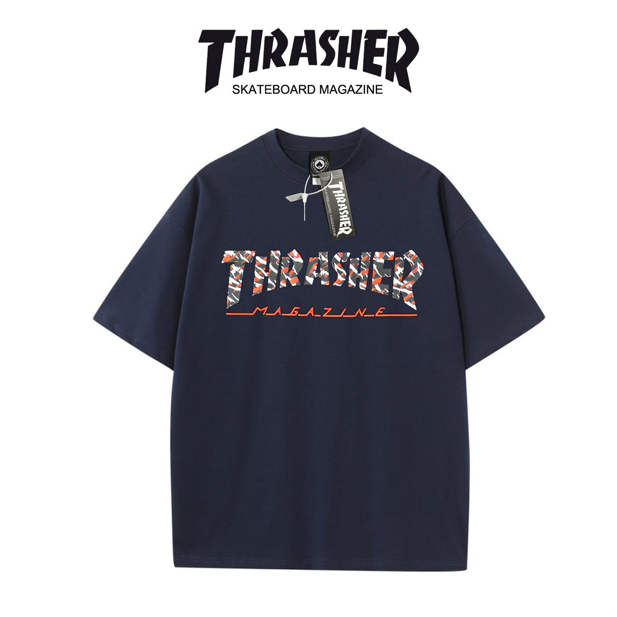 Thrasher Pattern Graphic Loose Fit Cotton Tee - Unisex Street Fashion Skateboard Brand.