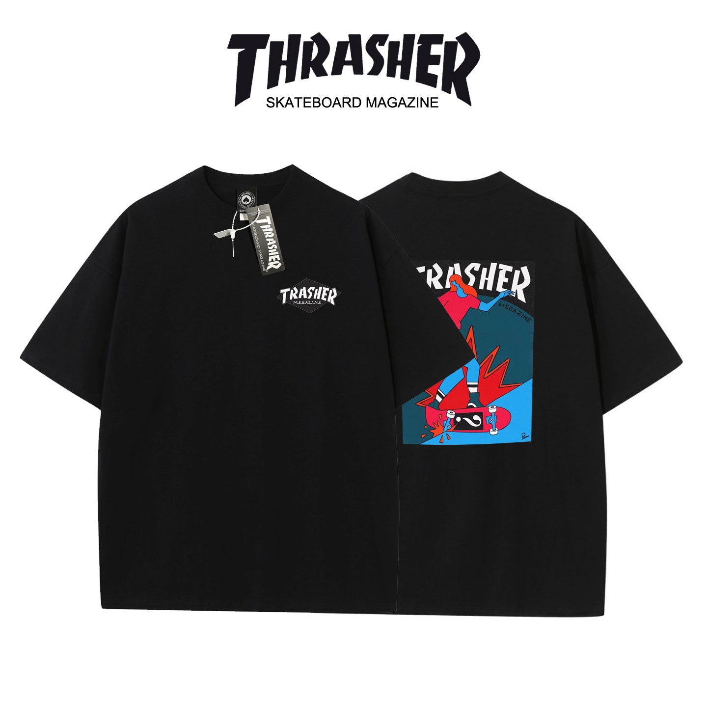 Thrasher Flame Skater Logo Oversized Round Neck Comfort T-Shirt - Men Women Summer Casual.
