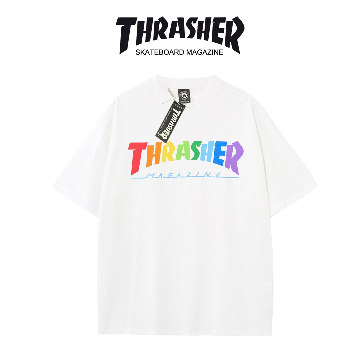 Thrasher Rainbow Flame Logo Oversized Cotton T-Shirt.