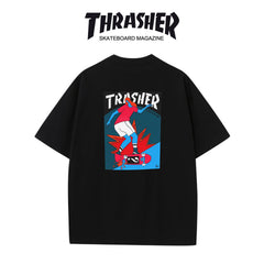 Thrasher Flame Skater Logo Oversized Round Neck Comfort T-Shirt - Men Women Summer Casual.