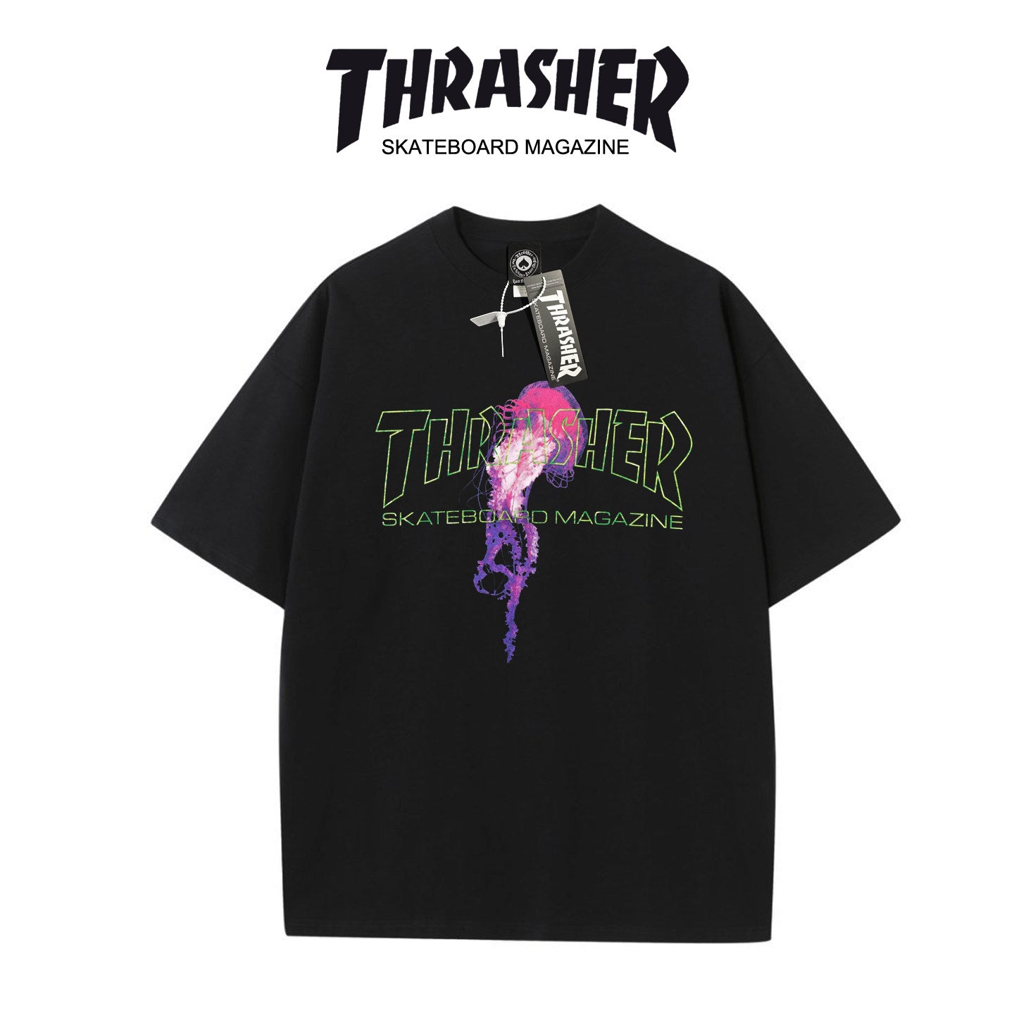 Thrasher New Summer Casual T-Shirt with Flame and Jellyfish Design.