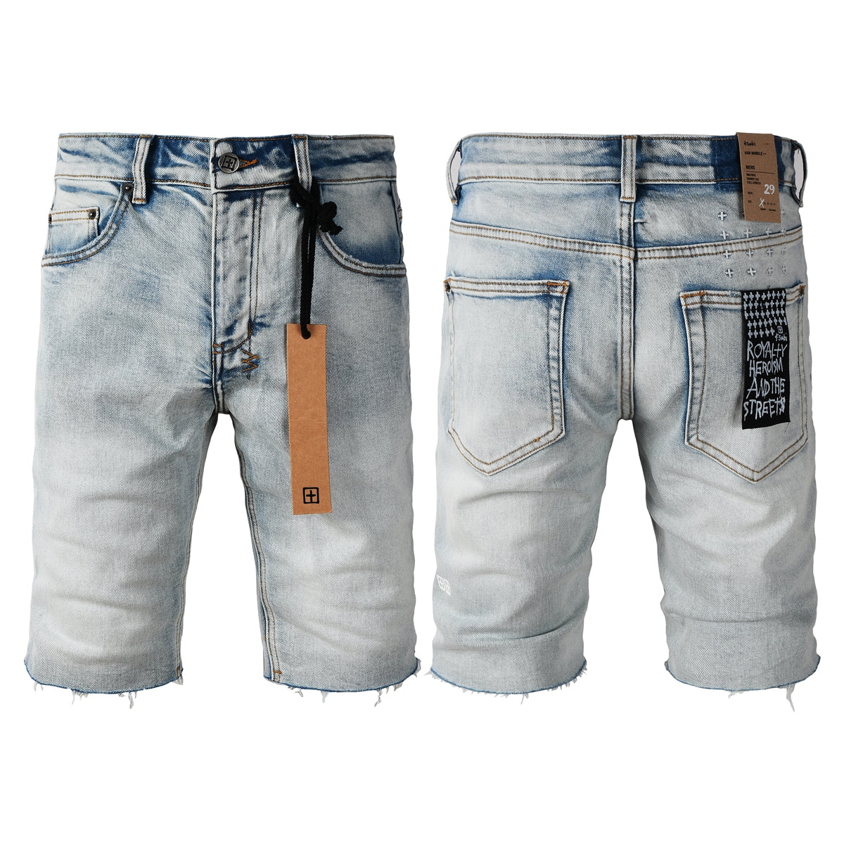 Men Streetwear Denim Shorts Light Blue Washed with Raw Hem and Graphic Patch Back Pocket 2001