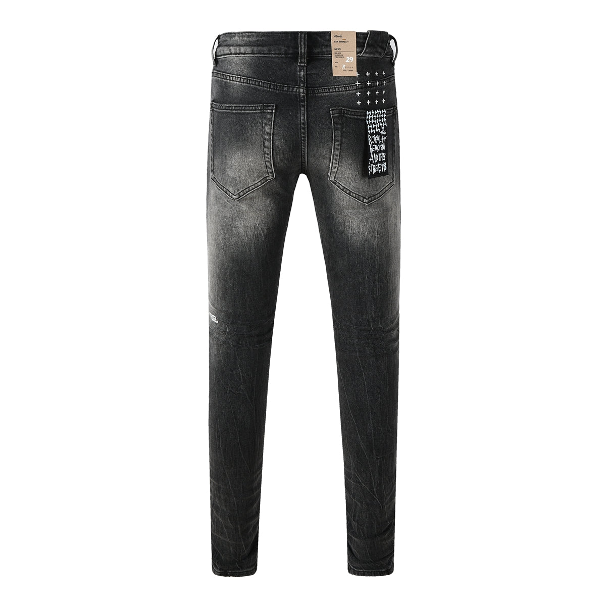 Edgy Streetwear Men’s Black Ripped Jeans with Graphic Back Print and Natural Fade Effect for Everyday Looks 3035