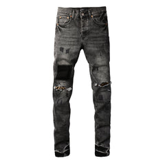 Men Streetwear Jeans Distressed Grey Ripped Patch Leopard Skinny 9102