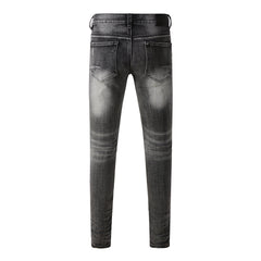 Men Classic Streetwear Jeans Distressed Grey Ripped Skinny Fit 9103