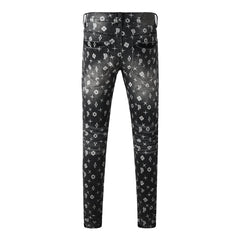 Men Classic Street Skinny Jeans Dark Grey Monogram Print All Over Distressed Style PU9112