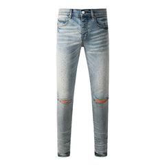 Men Streetwear Skinny Jeans Light Blue with Rhinestone Studs and Distressed Details PU9119
