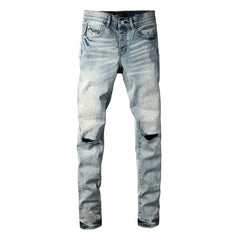 Men Streetwear Skinny Jeans Light Blue with Rhinestone Studs and Distressed Details PU9119