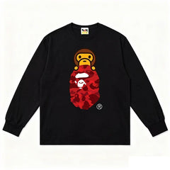BAPE Style Baby Milo Peeking on Camo Ape Head Long-Sleeve Tee - Black/Red
