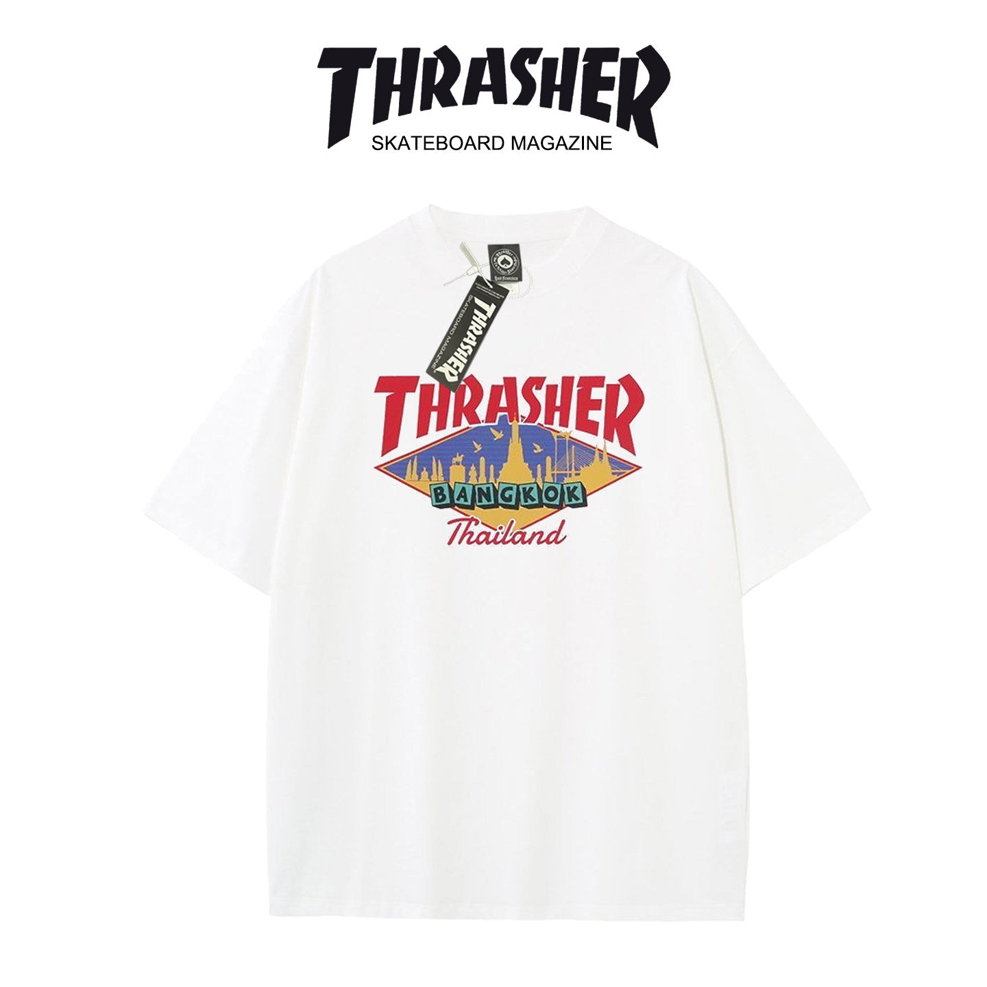Thrasher Flame Logo Oversized Round Neck Comfort T-Shirt - Men Women Summer Casual Street Style.